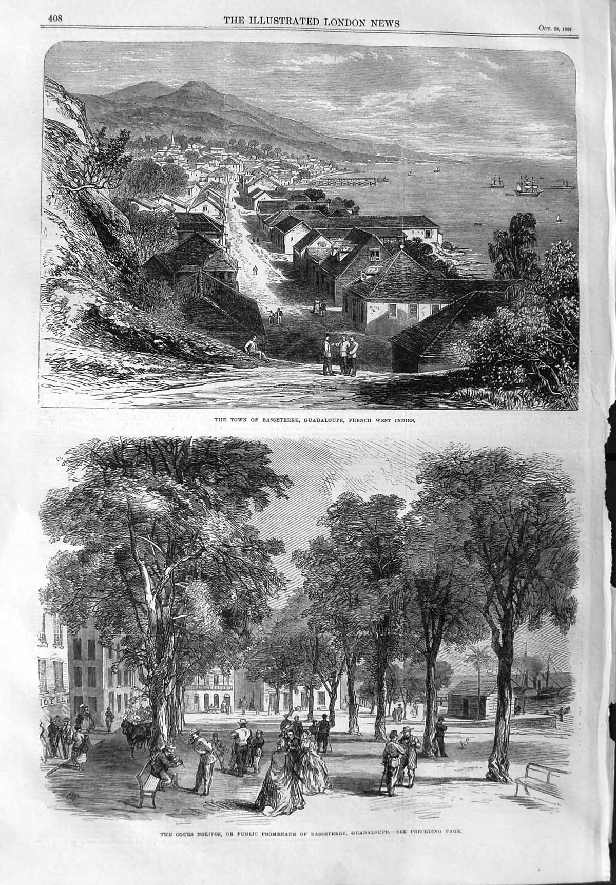 Original Old Antique Print 1865 Town Basseterre Guadaloupe Cours Nolivos Indies