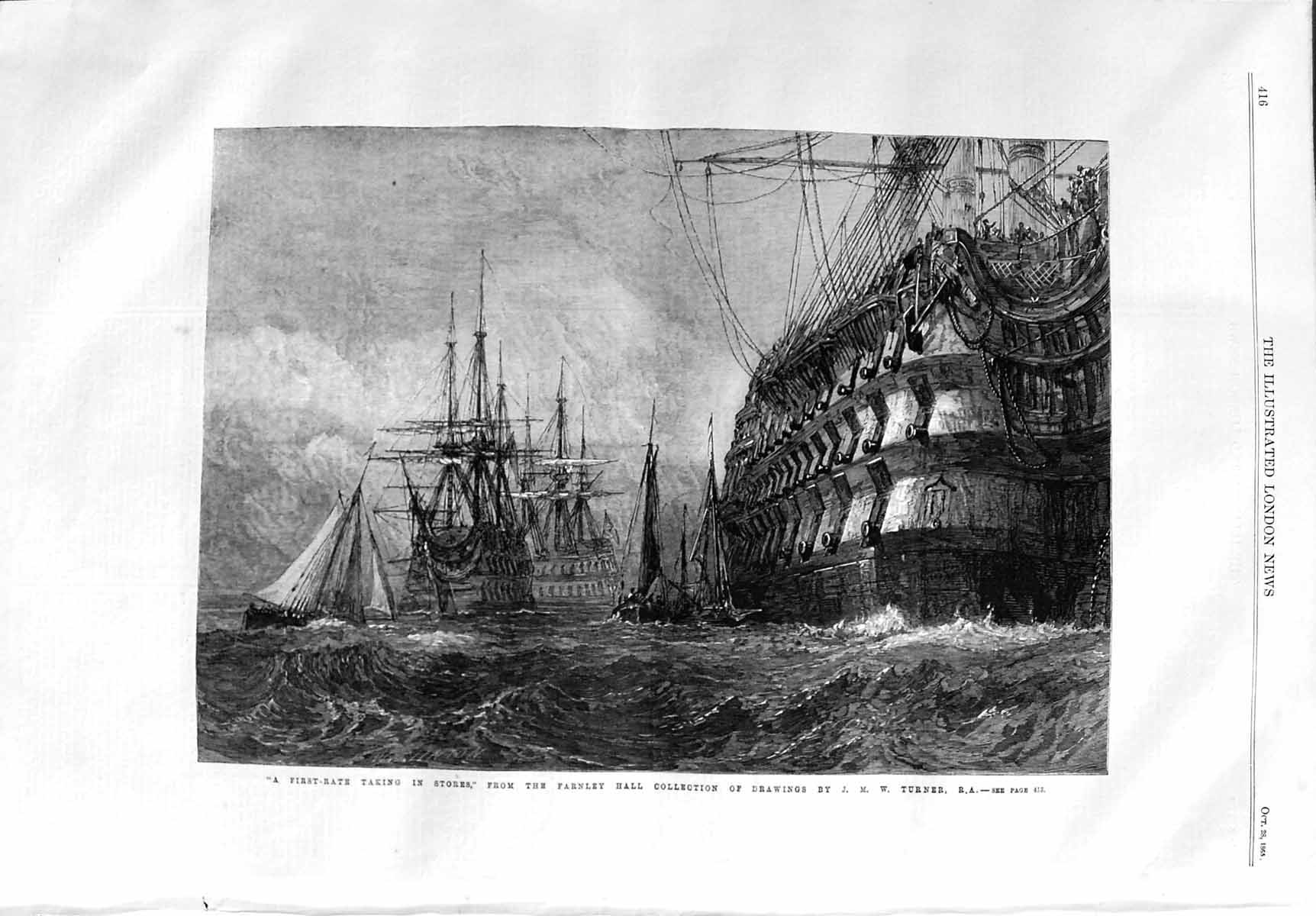 Old Antique Print 1865 War Ships Taking Stores Food Farnley Hall Fine Art 19th