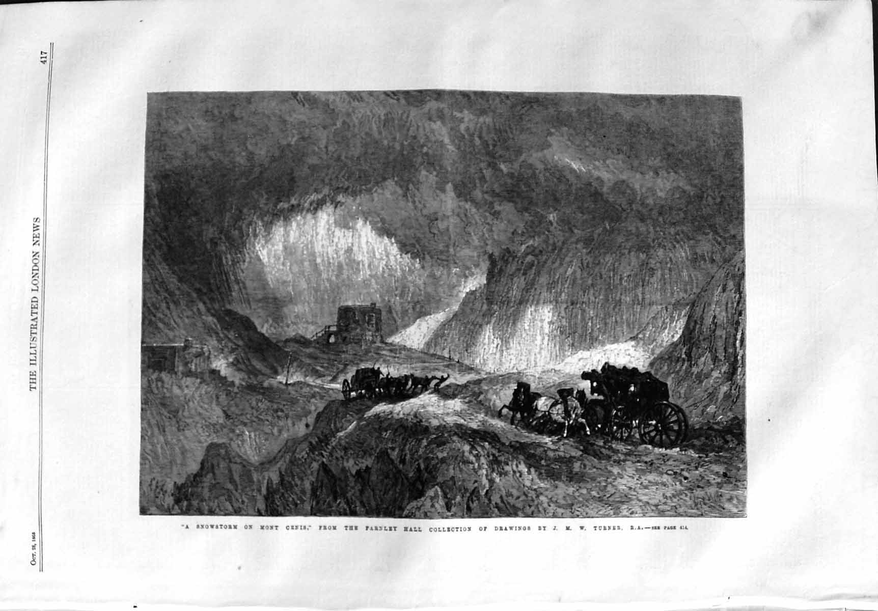 Original Old Antique Print 1865 Snowstorm Mont Cenis Mountains Fine Art 19th