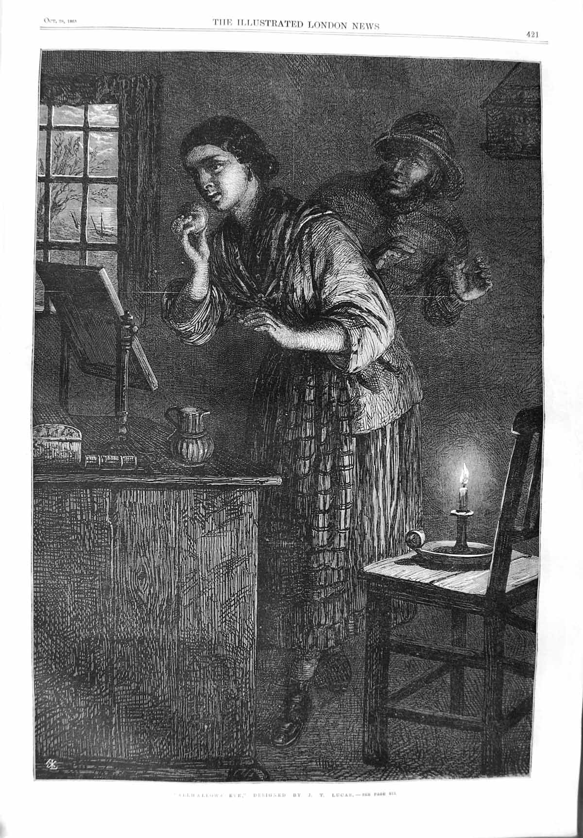 Original Old Antique Print 1865 Allhallows Eve Candlelight Lucas Fine Art 19th