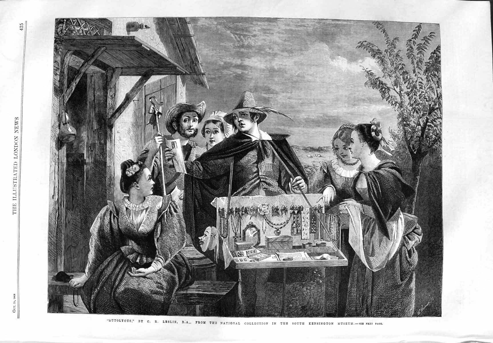 Original Old Antique Print 1865 Autolycus Travelling Salesman Leslie Kensington