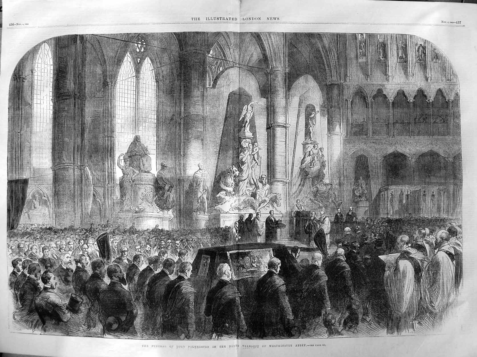 Original Old Antique Print 1865 Funeral Lord Palmerston Westminster Abbey 19th