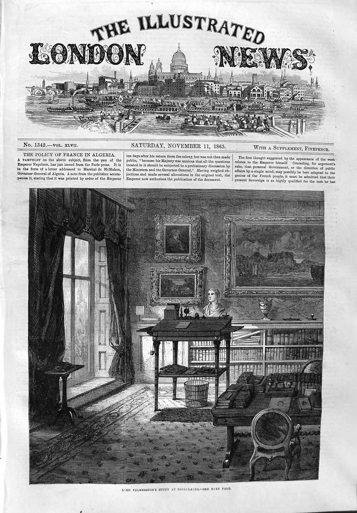 Original Old Antique Print 1865 Lord Palmerston Study Broadlands 19th