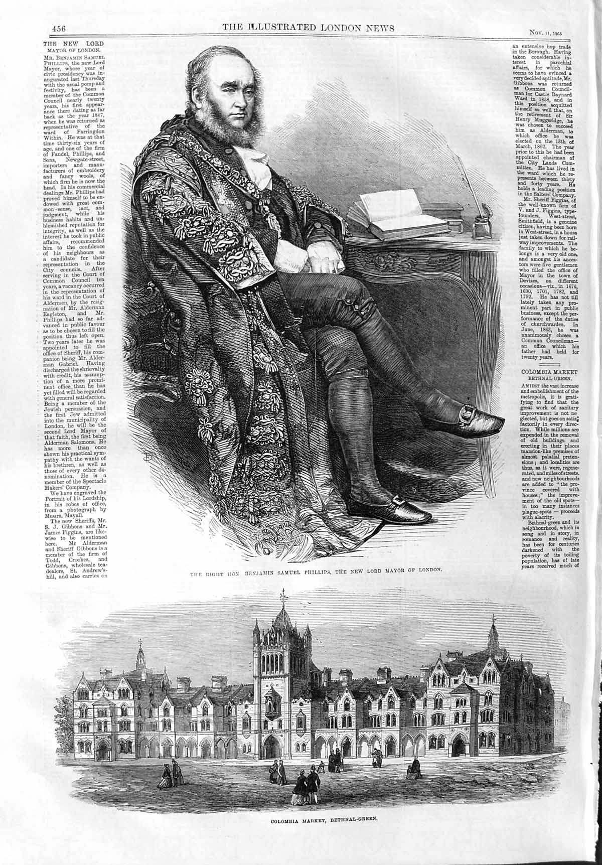Original Old Antique Print 1865 Benjamin Phillips Mayor London Colombia Market