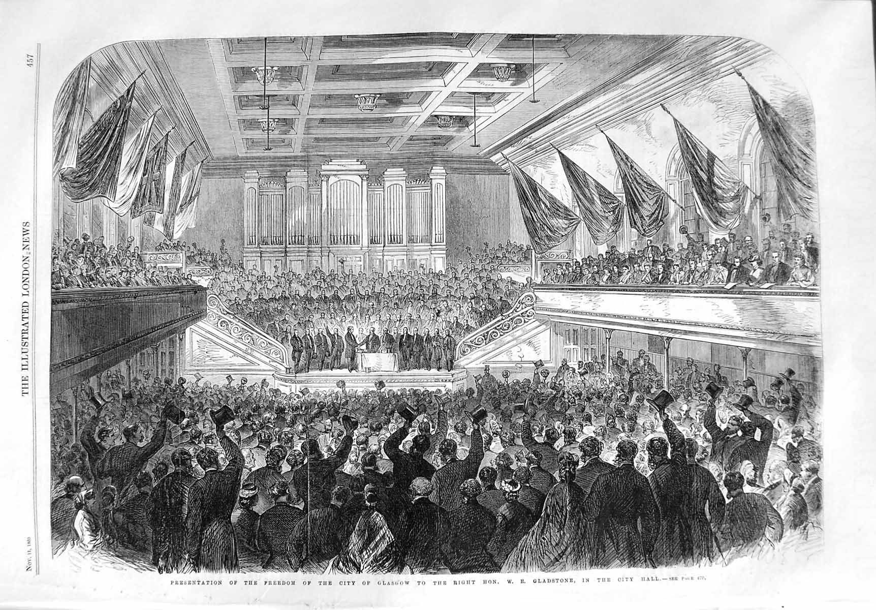 Old Antique Print 1865 Presentation Freedom City Glasgow Gladstone Hall 19th