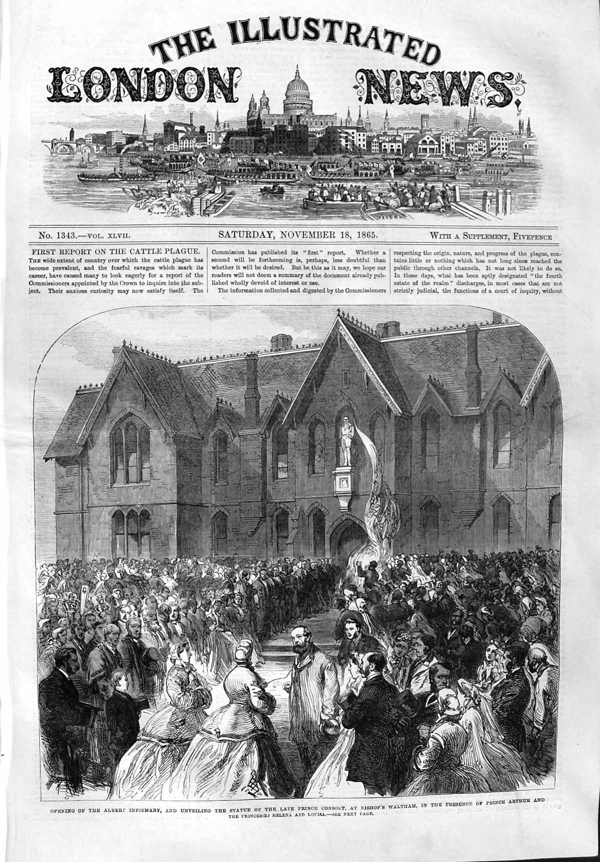 Original Old Antique Print 1865 Albert Infirmary Statue Prince Consort Waltham