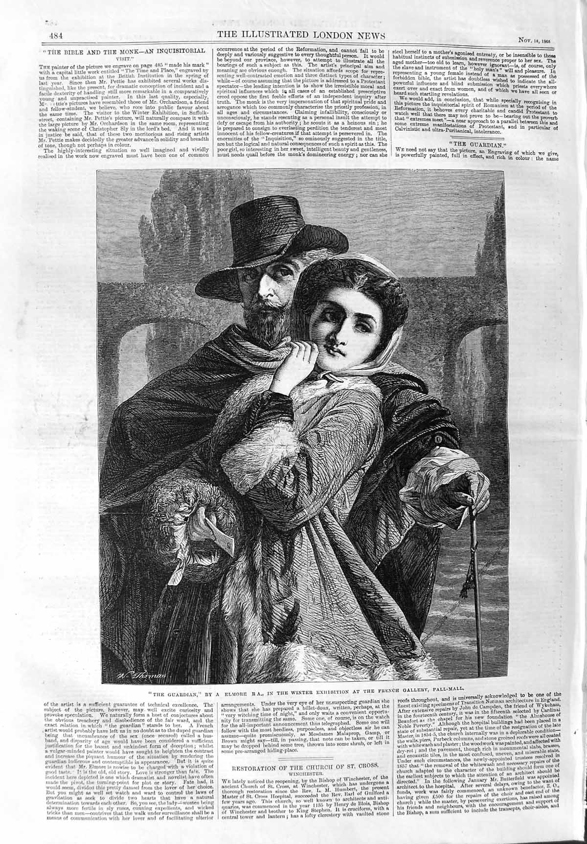 Original Old Antique Print 1865 Portrait Guardian Young Woman Man Elmore 19th