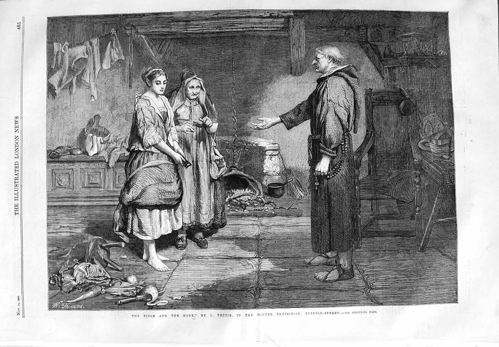 Original Old Antique Print 1865 Bible Monk Lady Woman Pettie Winter Exhibition
