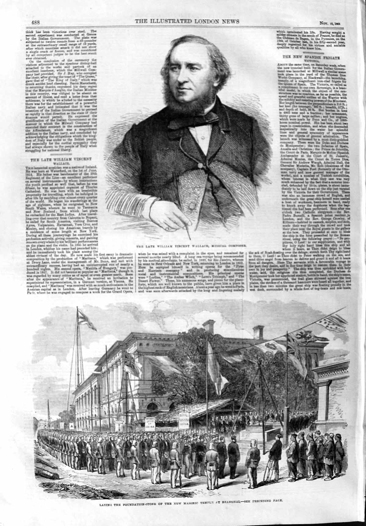 Original Old Antique Print 1865 William Wallace Composer Shanghai Masonic 19th