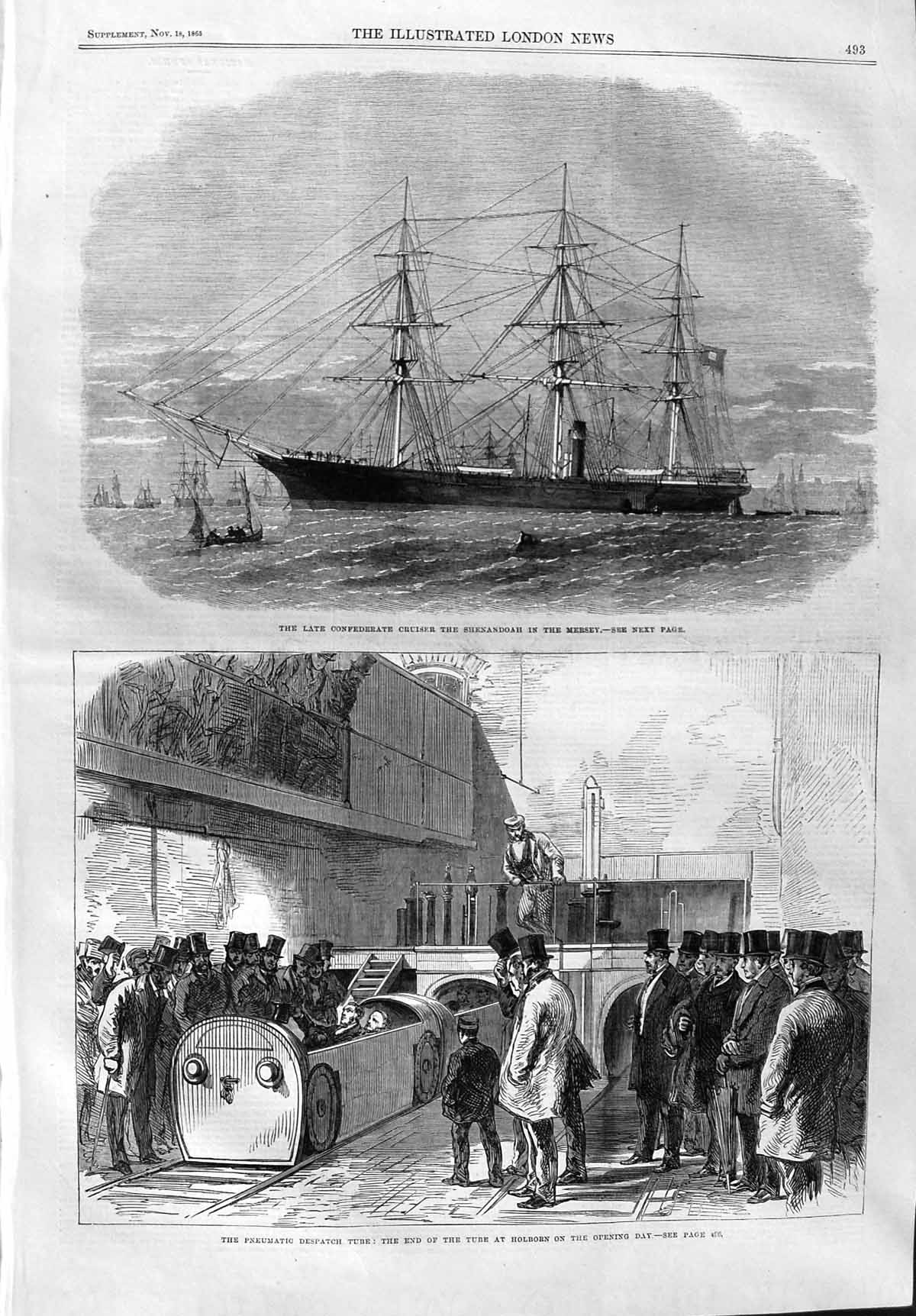 Original Old Antique Print 1865 Cruiser Ship Shenandoah Holborn Pneumati 19th