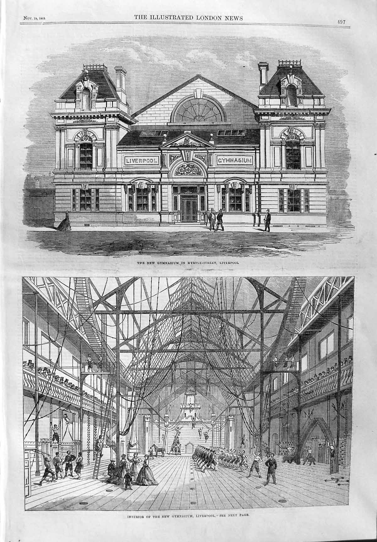 Original Old Antique Print 1865 Gymnasium Myrtle Street Liverpool Interior 19th
