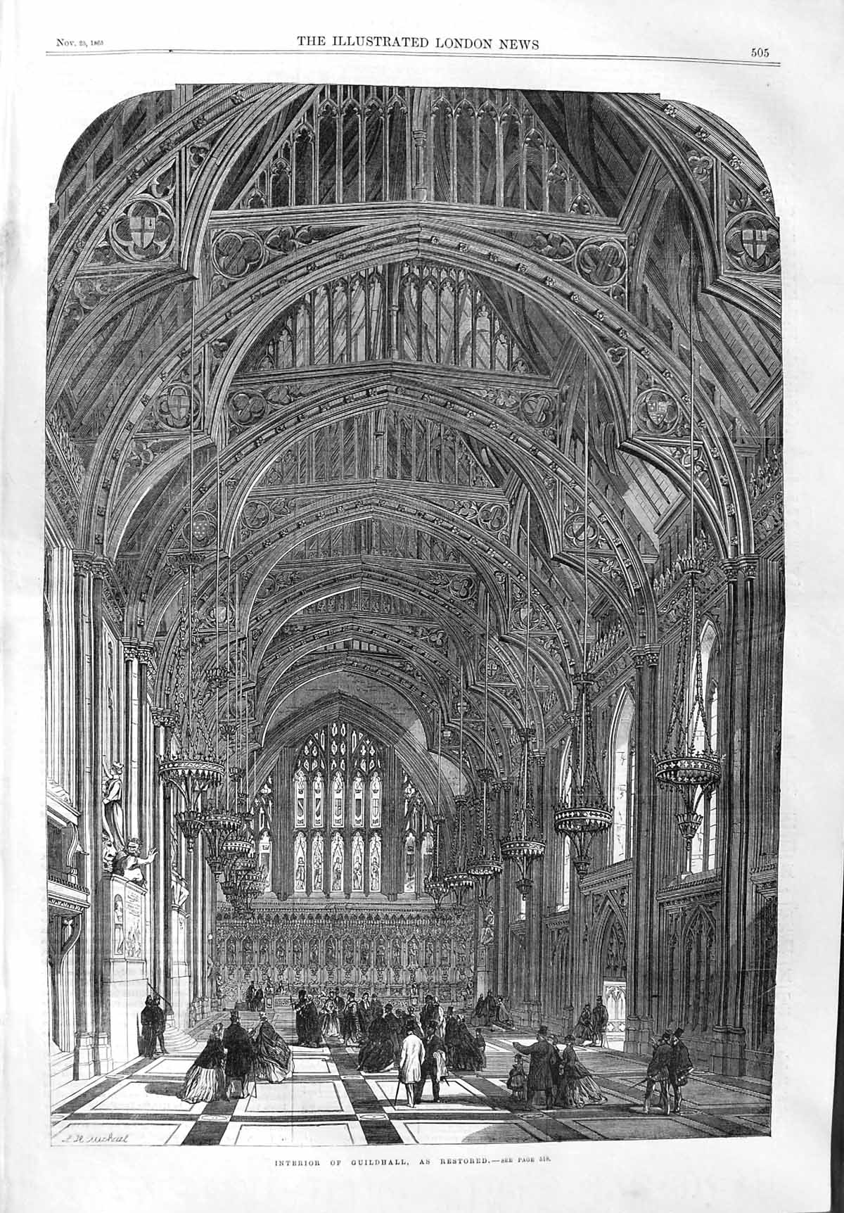 Original Old Antique Print 1865 Interior Guildhall London Architecture F 19th