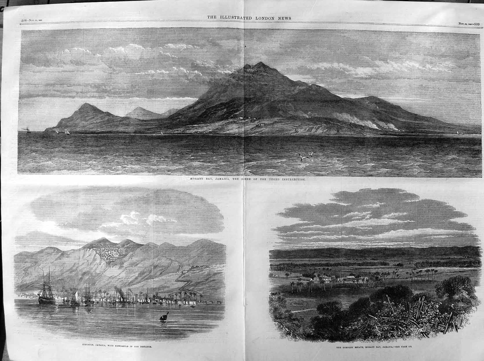 Old Antique Print 1865 Morant Bay Jamaica Kingston Hordkey Estate Ships 19th