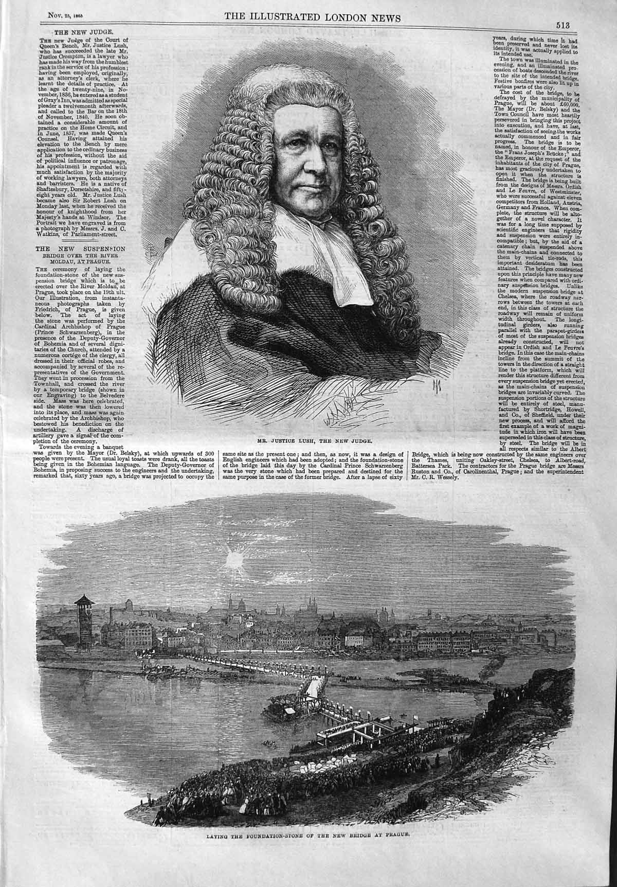 Original Old Antique Print 1865 Portrait Justice Lush Foundation Bridge Prague