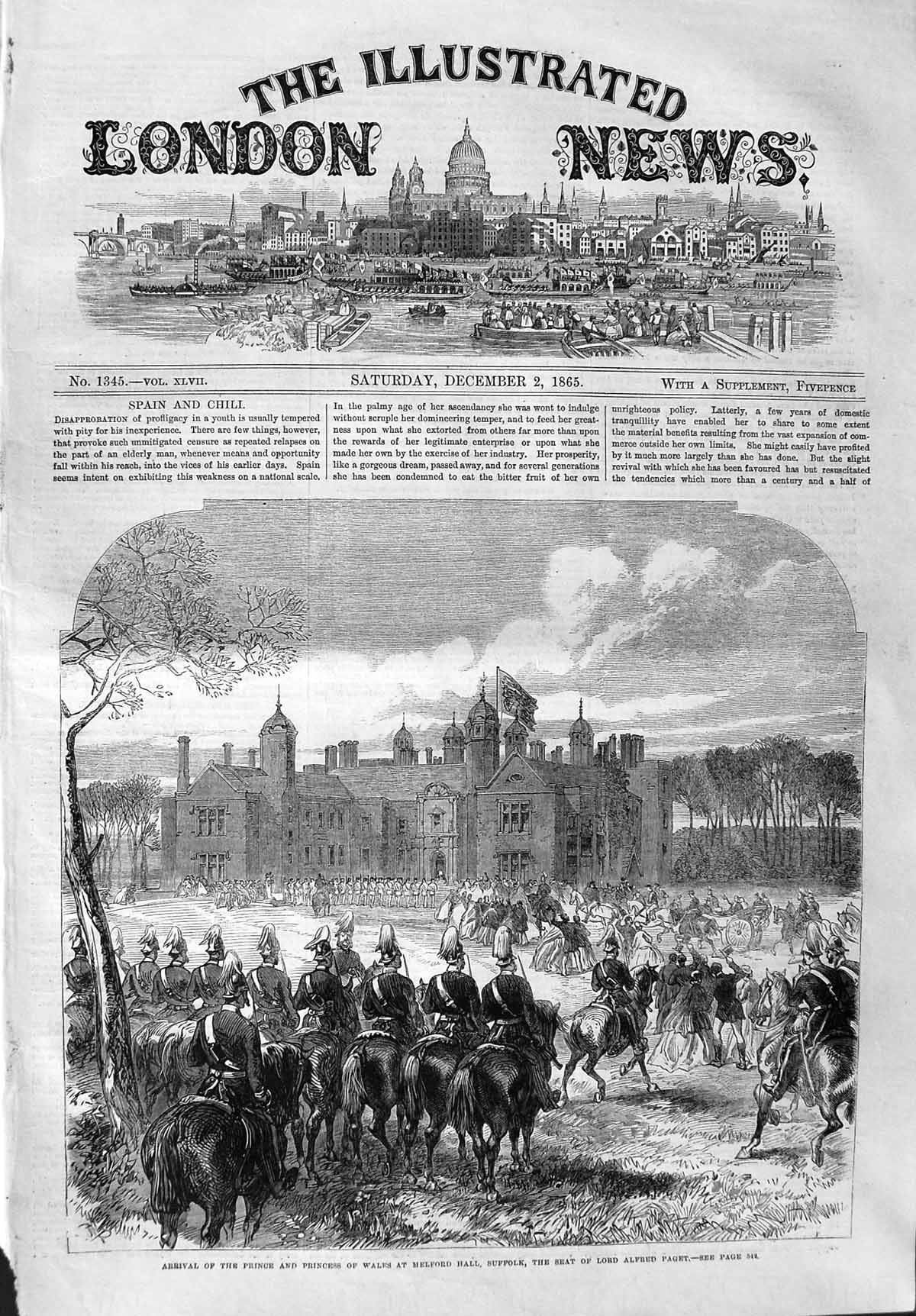 Original Old Antique Print 1865 Prince Wales Melford Hall Suffolk Alfred Paget