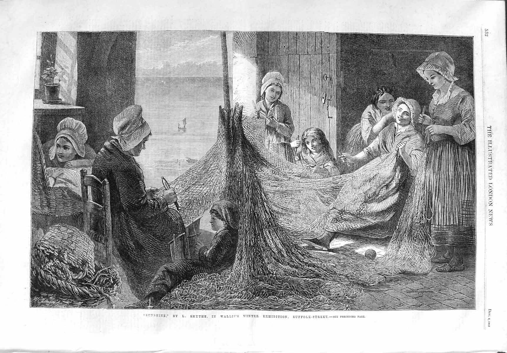 Old Antique Print 1865 Sunshine Women Sewing Fishing Nets Smythe Wallis 19th