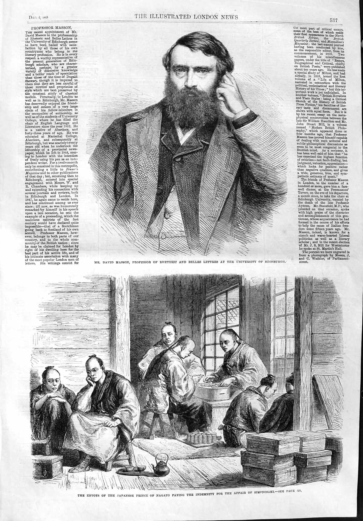 Old Antique Print 1865 David Masson Professor Envoys Prince Nagato Japan 19th