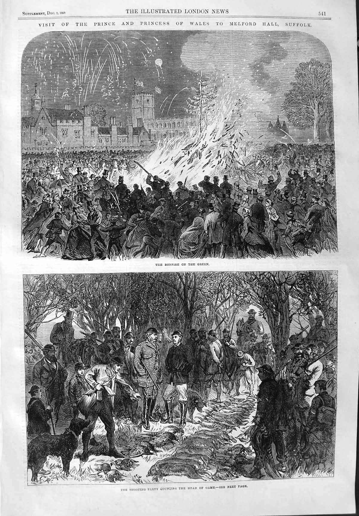 Old Antique Print 1865 Prince Wales Melford Bonfire Shooting Party Game 19th