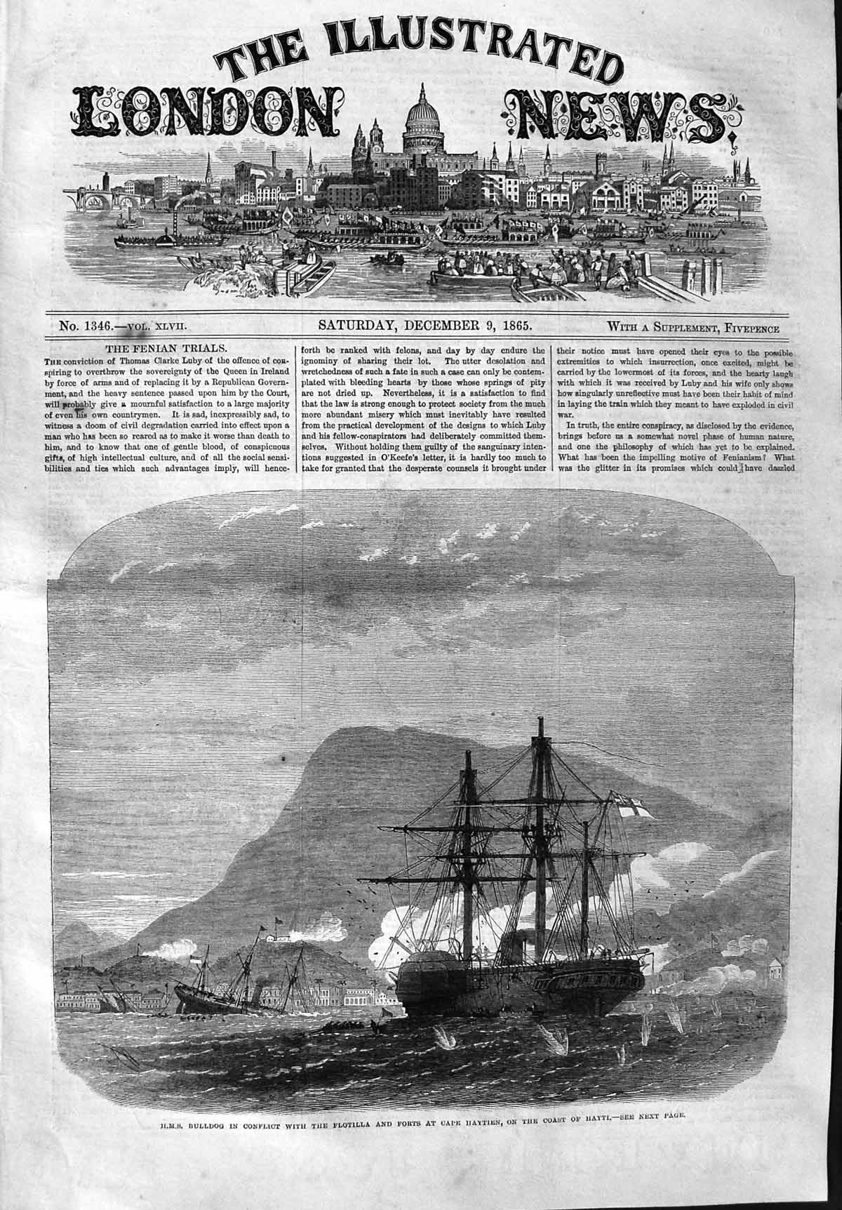 Original Old Antique Print 1865 Ship H.M.S. Bulldog Flotilla Forts Cape Haytien