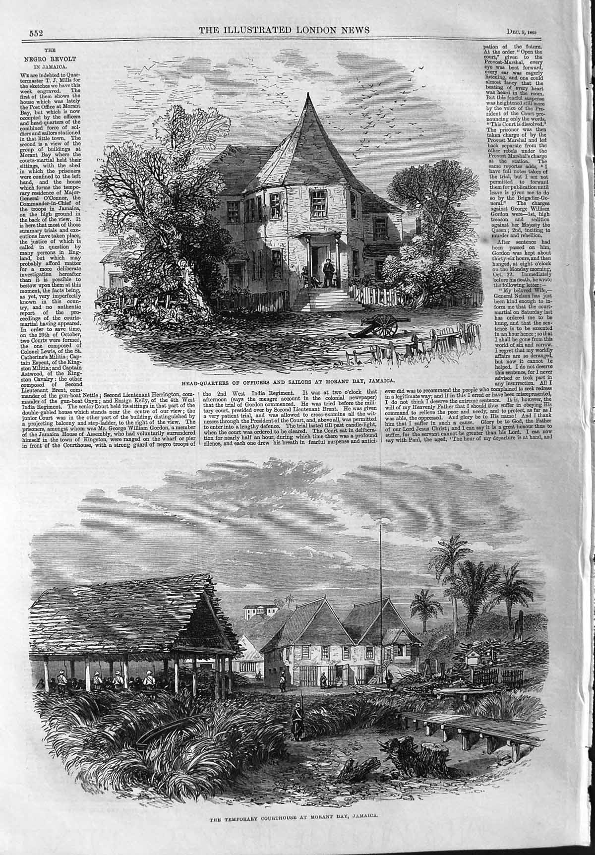 Original Old Antique Print 1865 Courthouse Morany Jamaica Officer Sailors Home