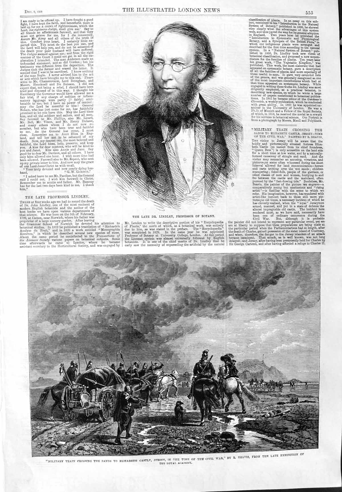 Old Antique Print 1865 Dr. Lindley Professor Botany Military Army Jersey 19th