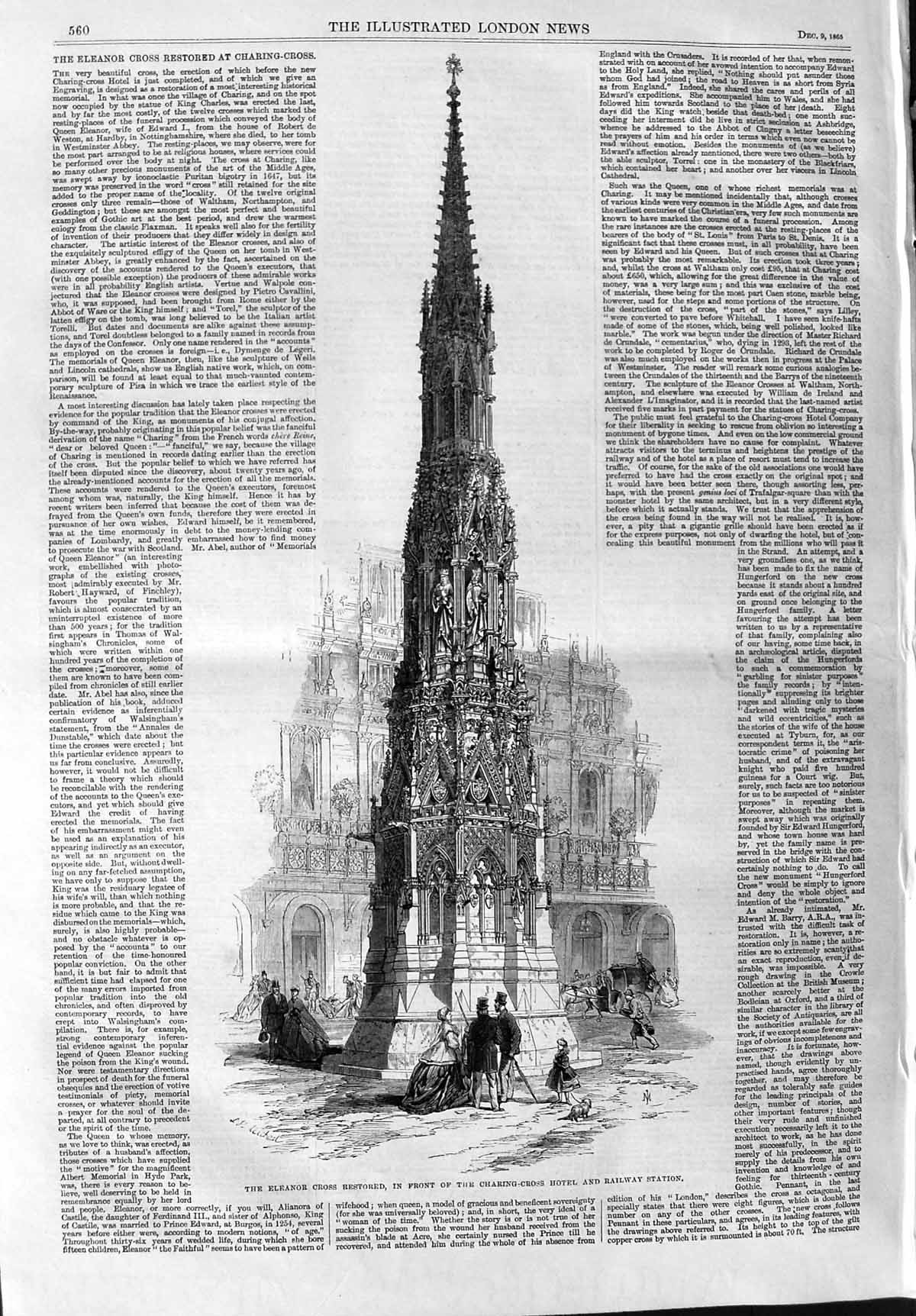 Old Antique Print 1865 Eleanor Cross Charing Cross Hotel Railway Station 19th