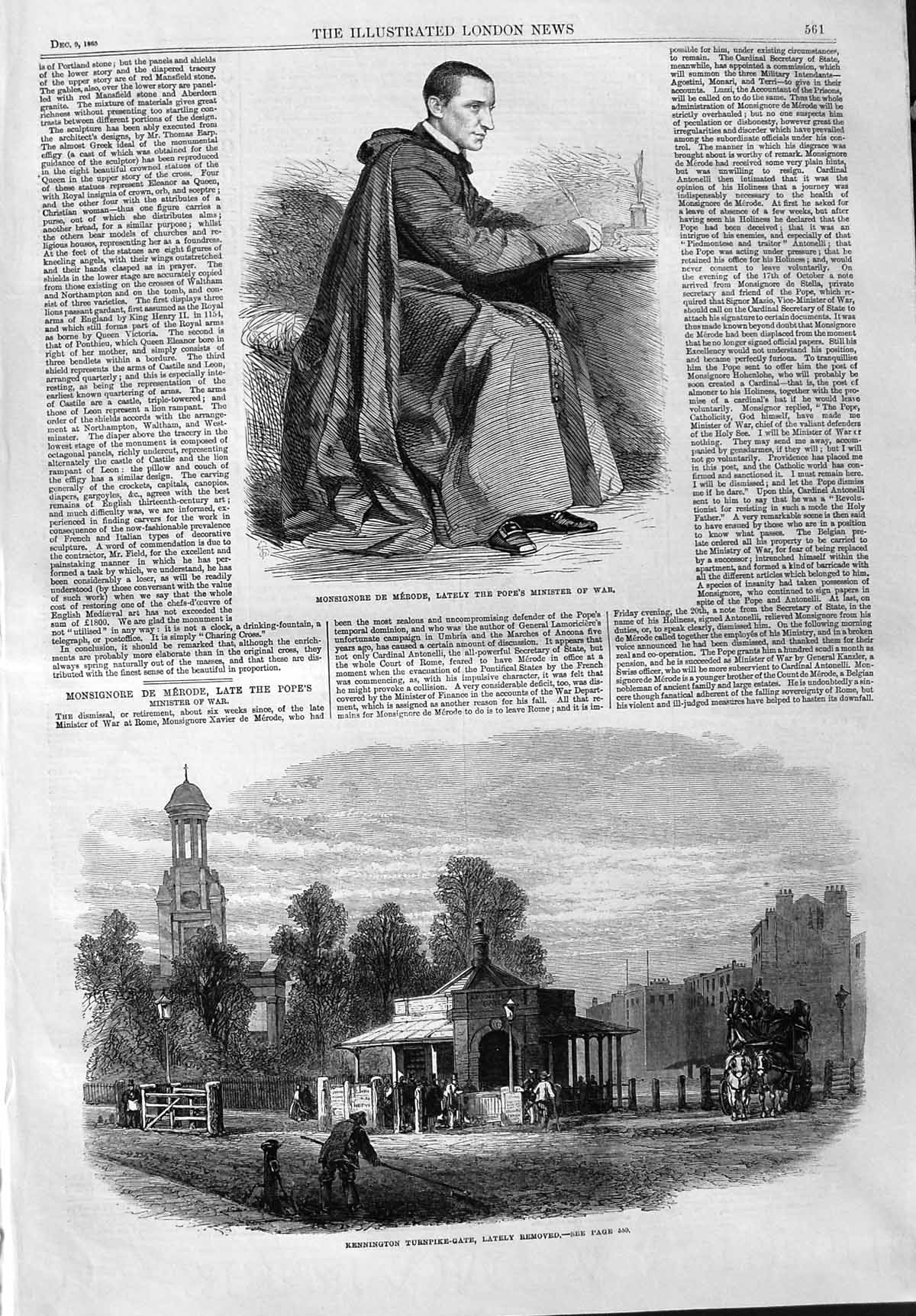 Original Old Antique Print 1865 Monsignore Merode Pope Kennington Turnpike Gate