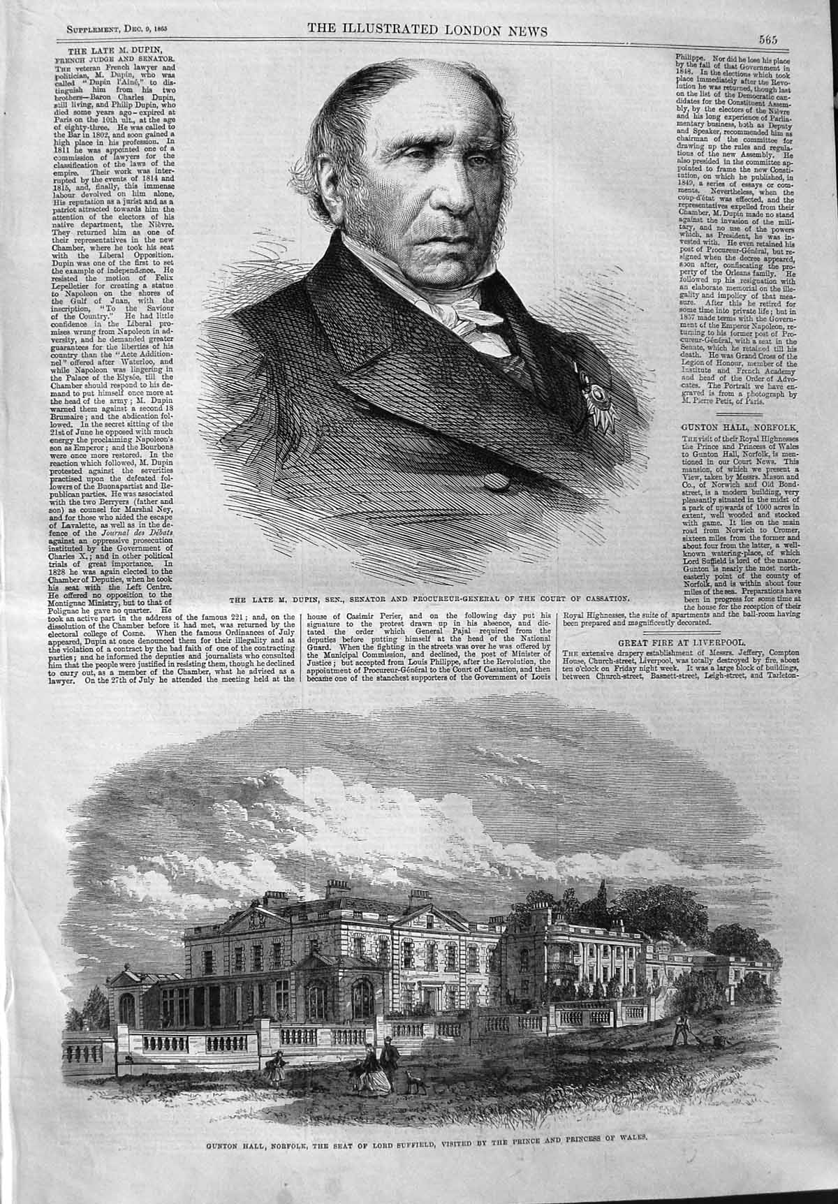 Old Antique Print 1865 Portrait Dupin Gunton Hall Norfolk Lord Suffield 19th