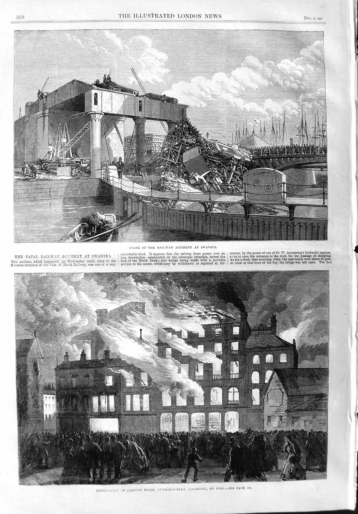 Original Old Antique Print 1865 Railway Accident Swansea Compton Fire Liverpool