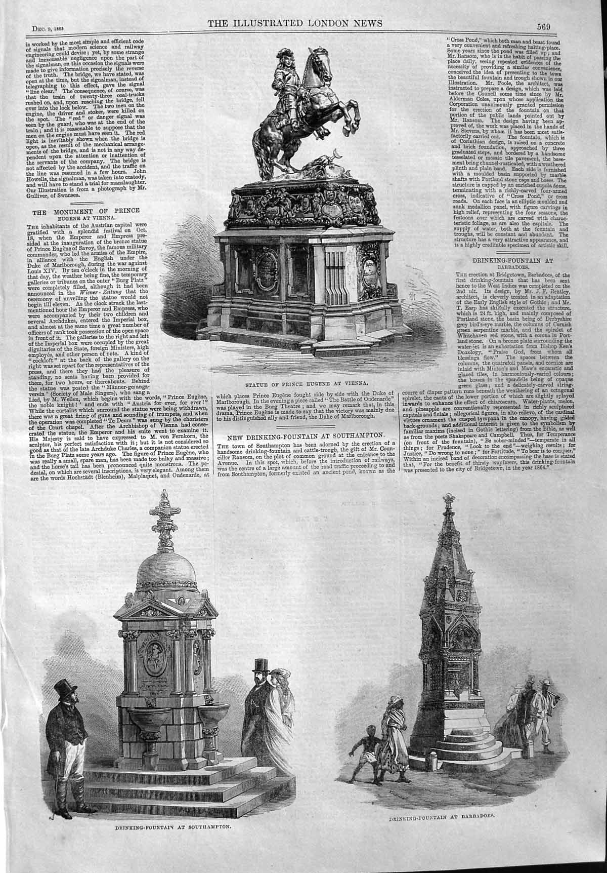Old Antique Print 1865 Statue Prince Eugene Vienna Fountain Flint Ireland 19th