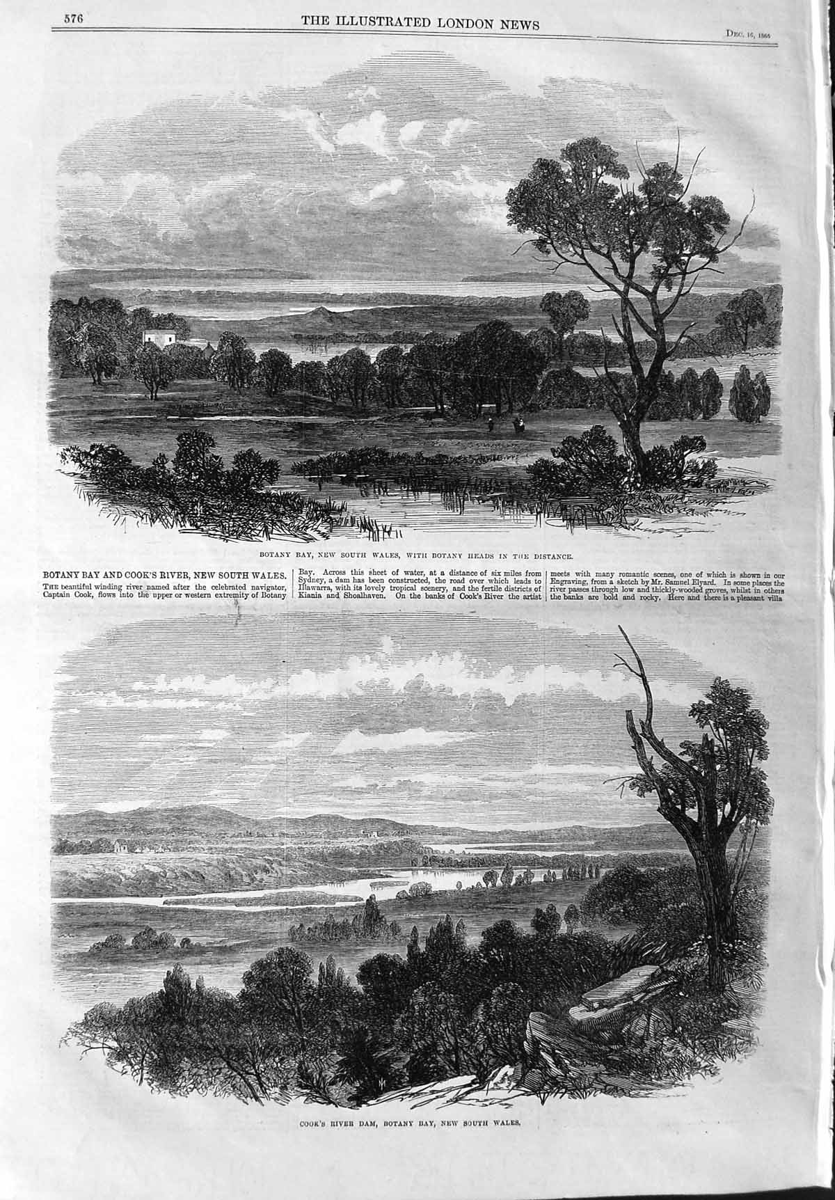 Old Antique Print 1865 Botany Bay Australia Cook'S River Dam South Wales 19th