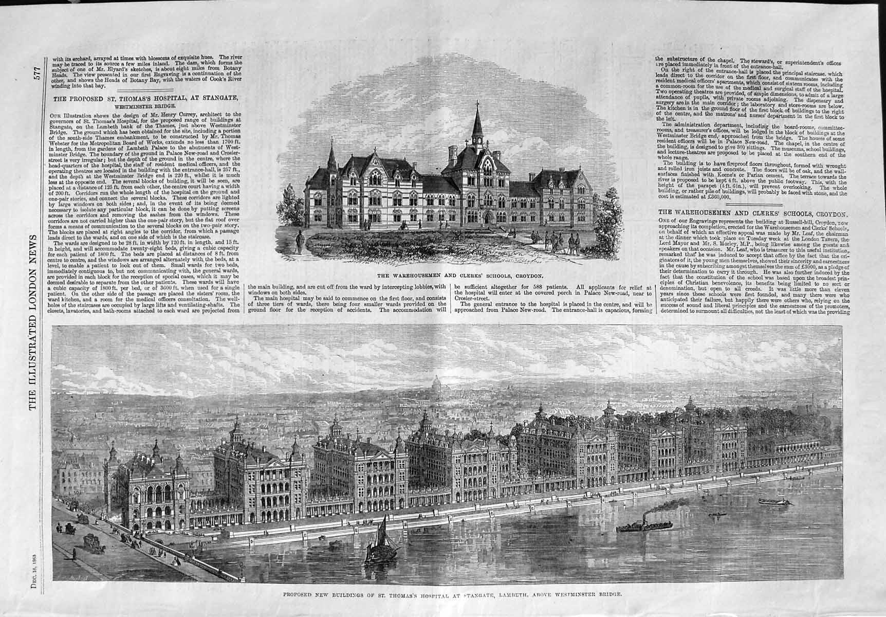 Original Old Antique Print 1865 Warehousemen School Croydon Thomas Hospital