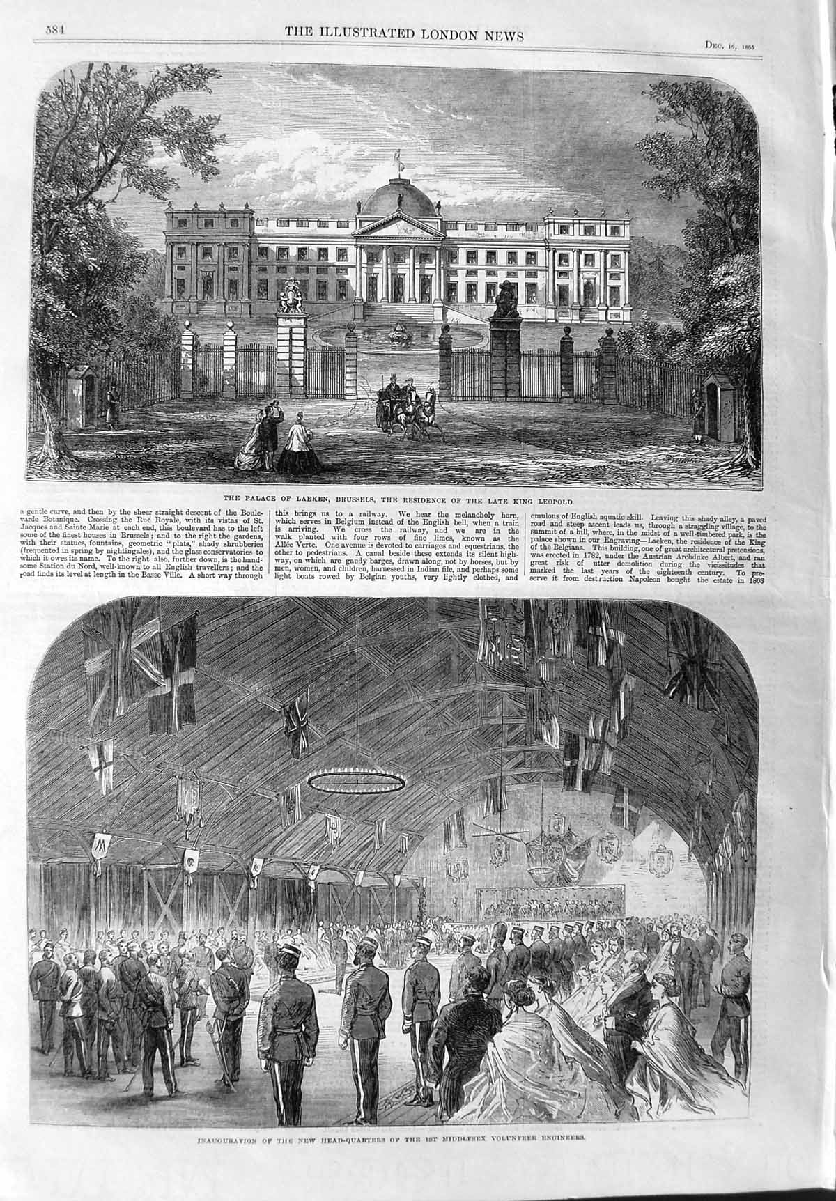 Original Old Antique Print 1865 Palace Laeken Brussels King LeopMiddlesex Army