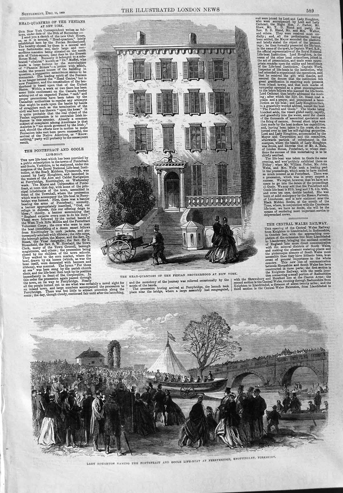 Original Old Antique Print 1865 Fenian New York Lady Houghton Goole Lifeboat