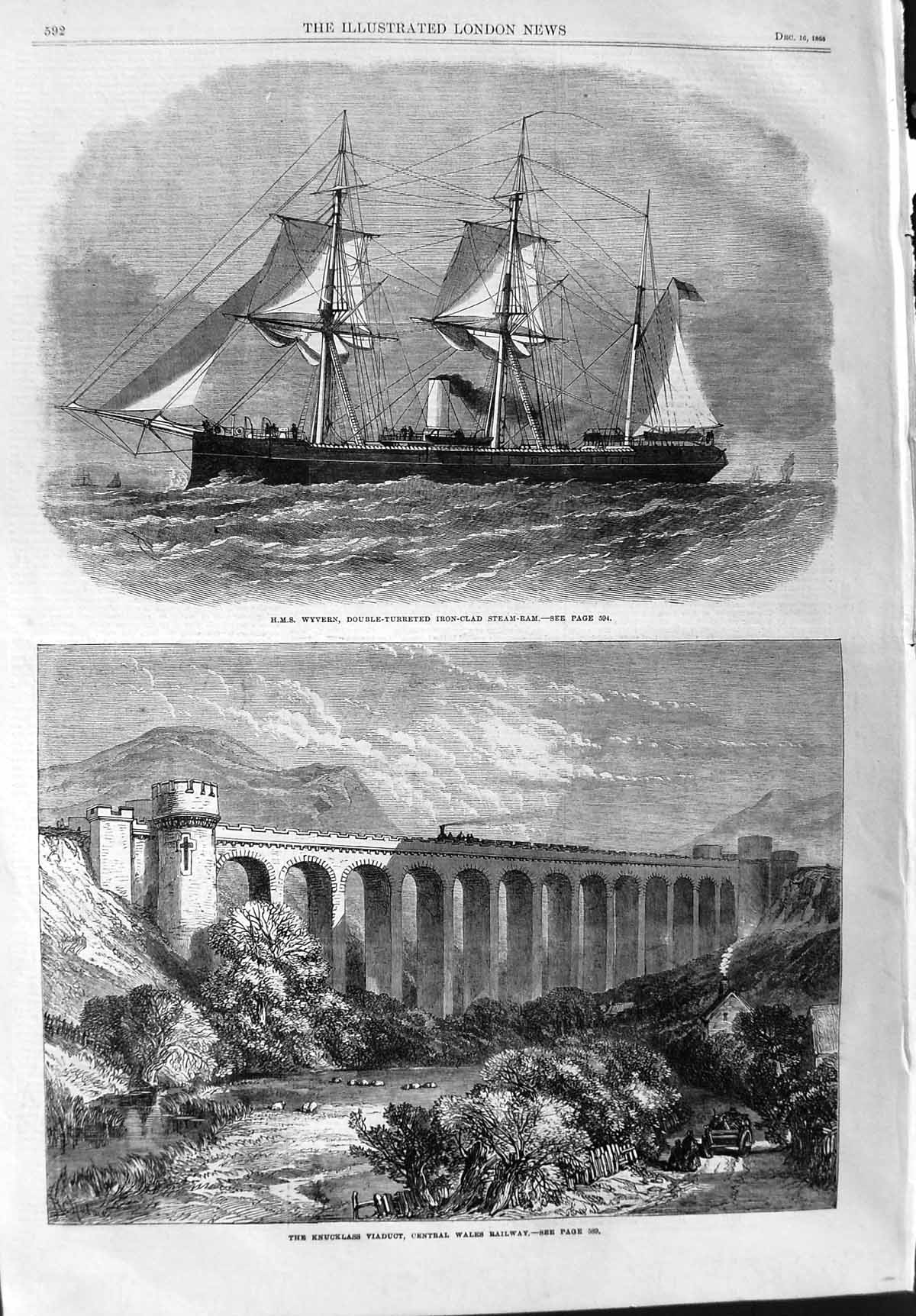 Old Antique Print 1865 Ship Wyvern Knucklass Viaduct Wales Railway Train 19th