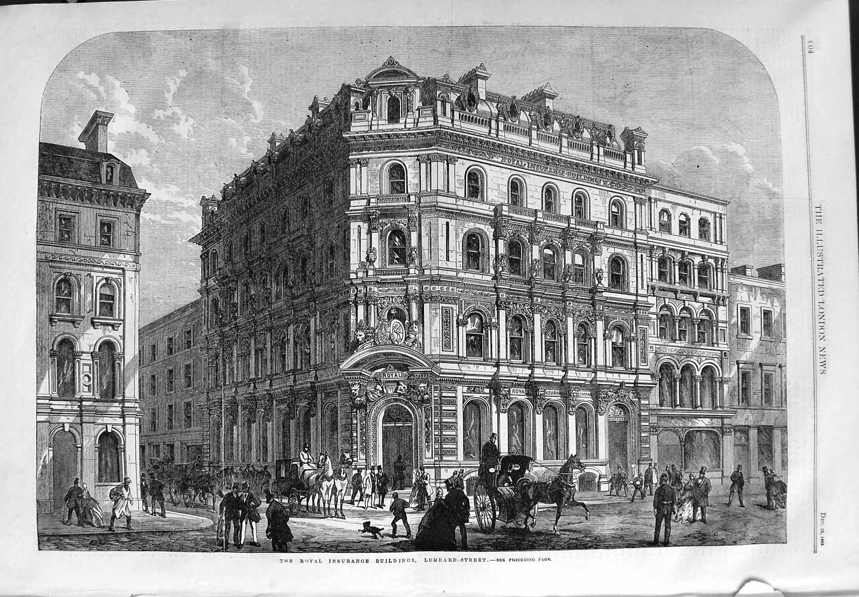 Original Old Antique Print 1865 Royal Insurance Buildings Lombard Street London