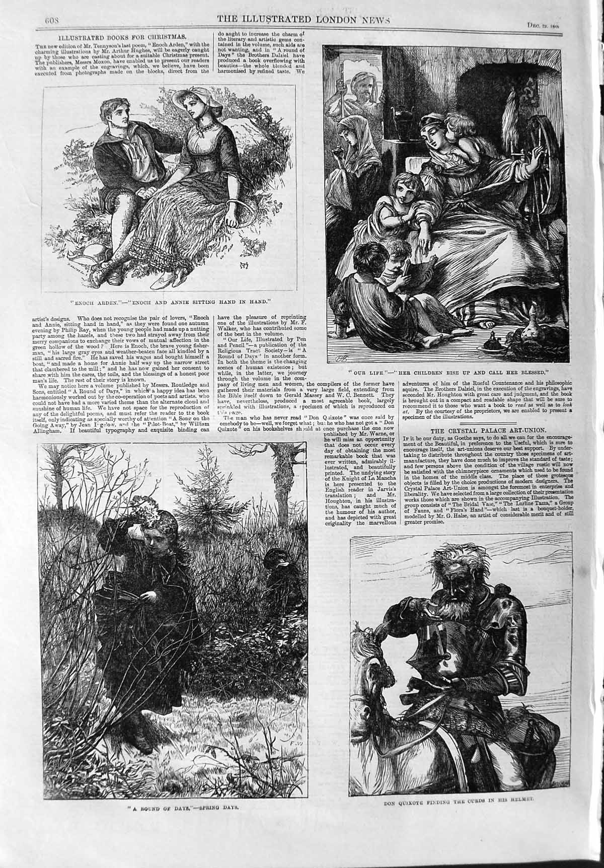 Original Old Antique Print 1865 Donquixote Enoch Arden Romance Spinnin Victorian