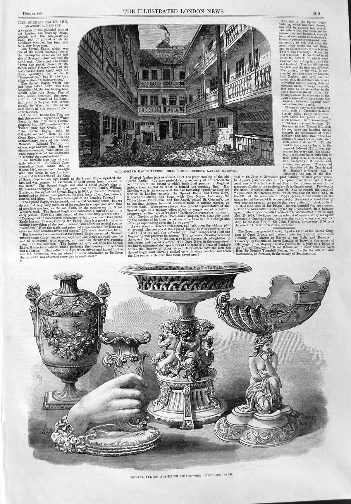 Original Old Antique Print 1865 Spread Eagle Tavern Crystal Palace Art Prizes