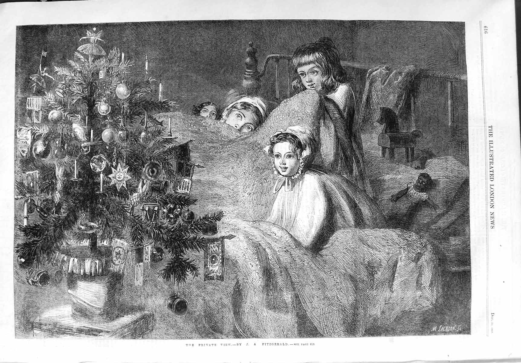 Original Old Antique Print 1865 Private View Fitzgerald Christmas Tree Children