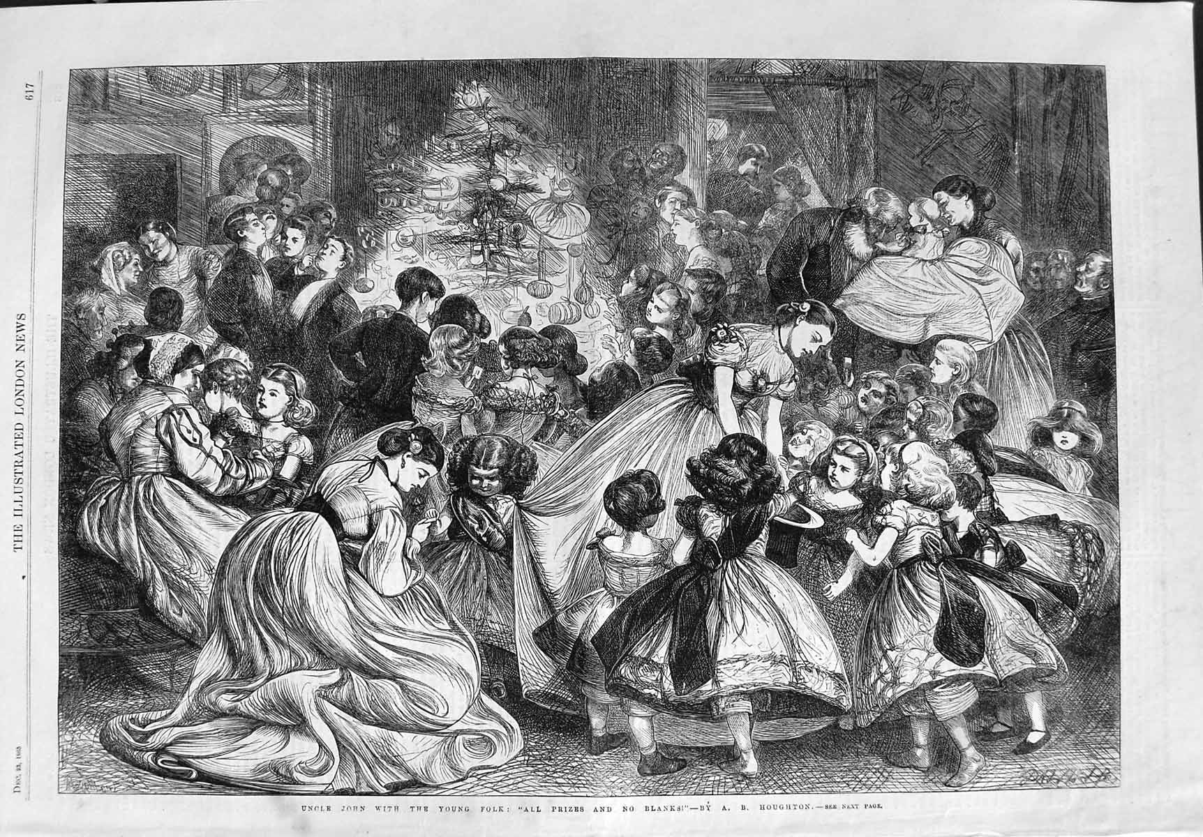 Original Old Antique Print 1865 Uncle John Young Folk Children Christmas Scene