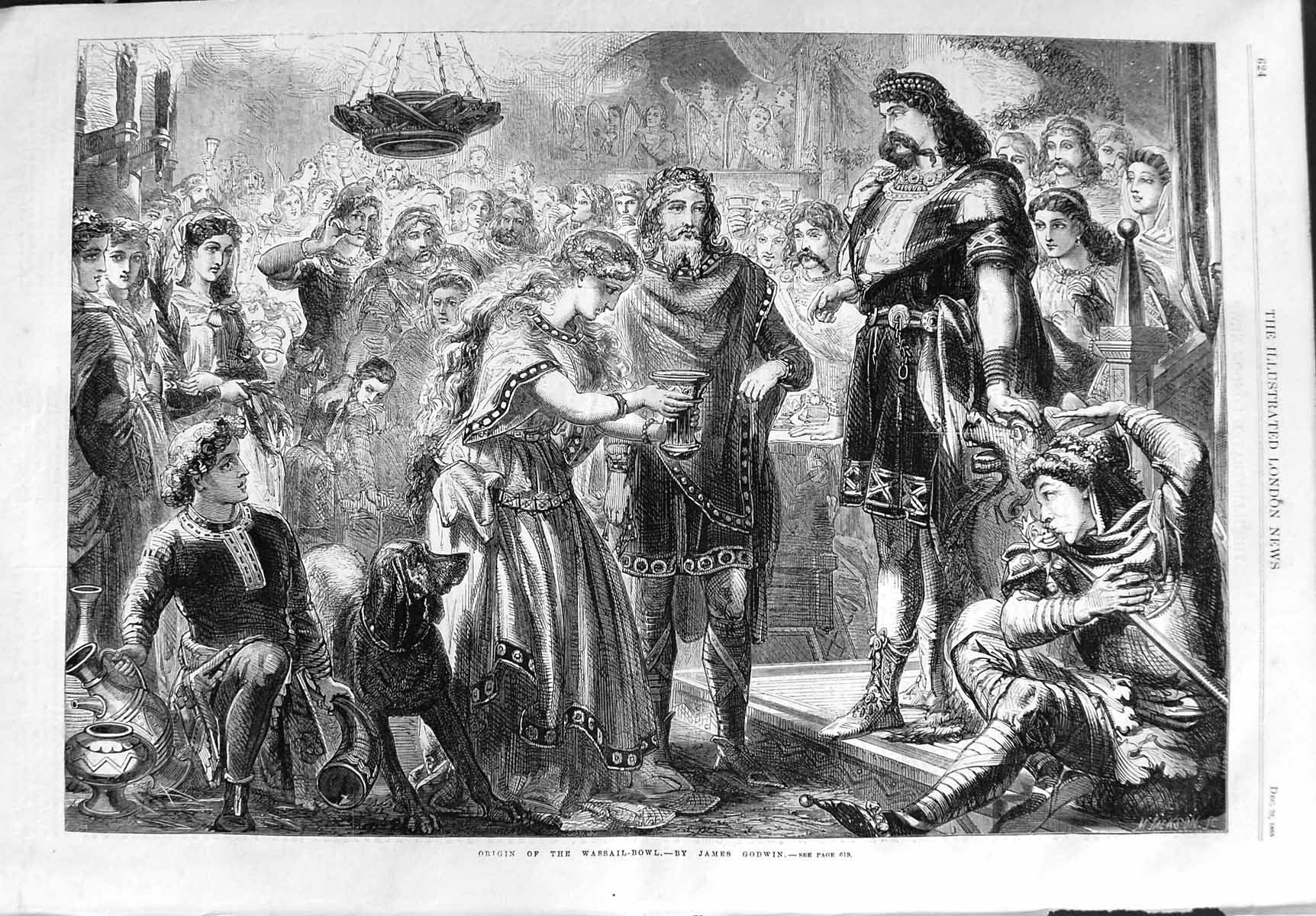 Original Old Antique Print 1865 Scene Origin Wassail Bowl James Godwin 19th