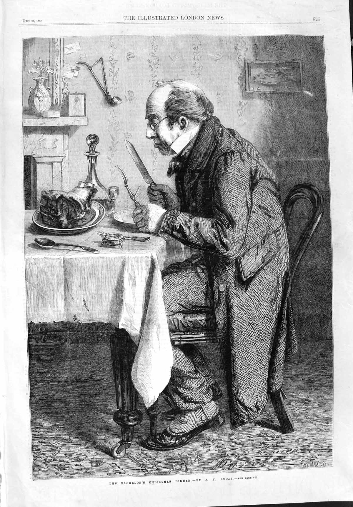 Original Old Antique Print 1865 Bachelor Christmas Dinner Table Chair Lucas