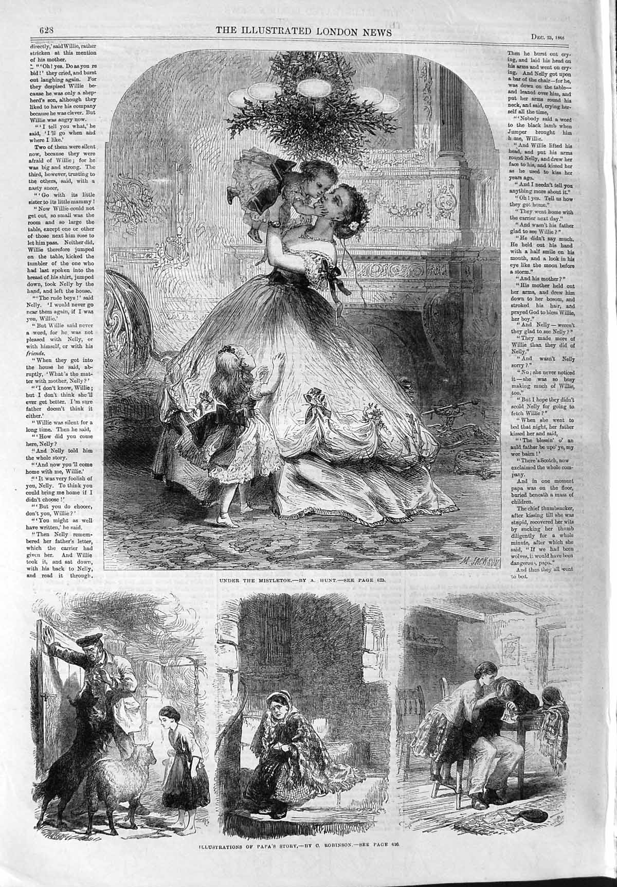 Original Old Antique Print 1865 Mother Children Christmas Mistletoe Sheep Dog