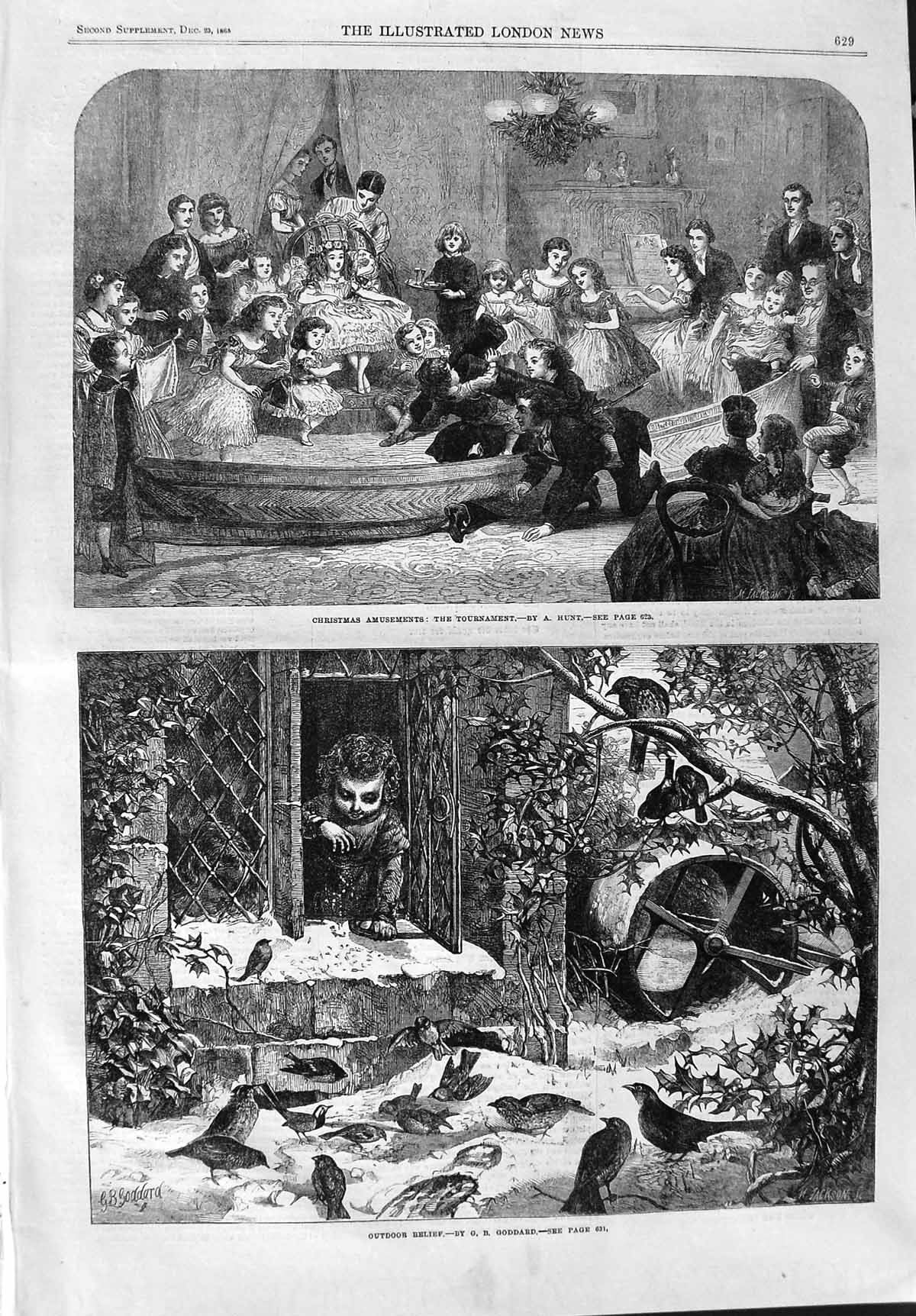 Original Old Antique Print 1865 Christmas Children Games Feeding Birds Goddard