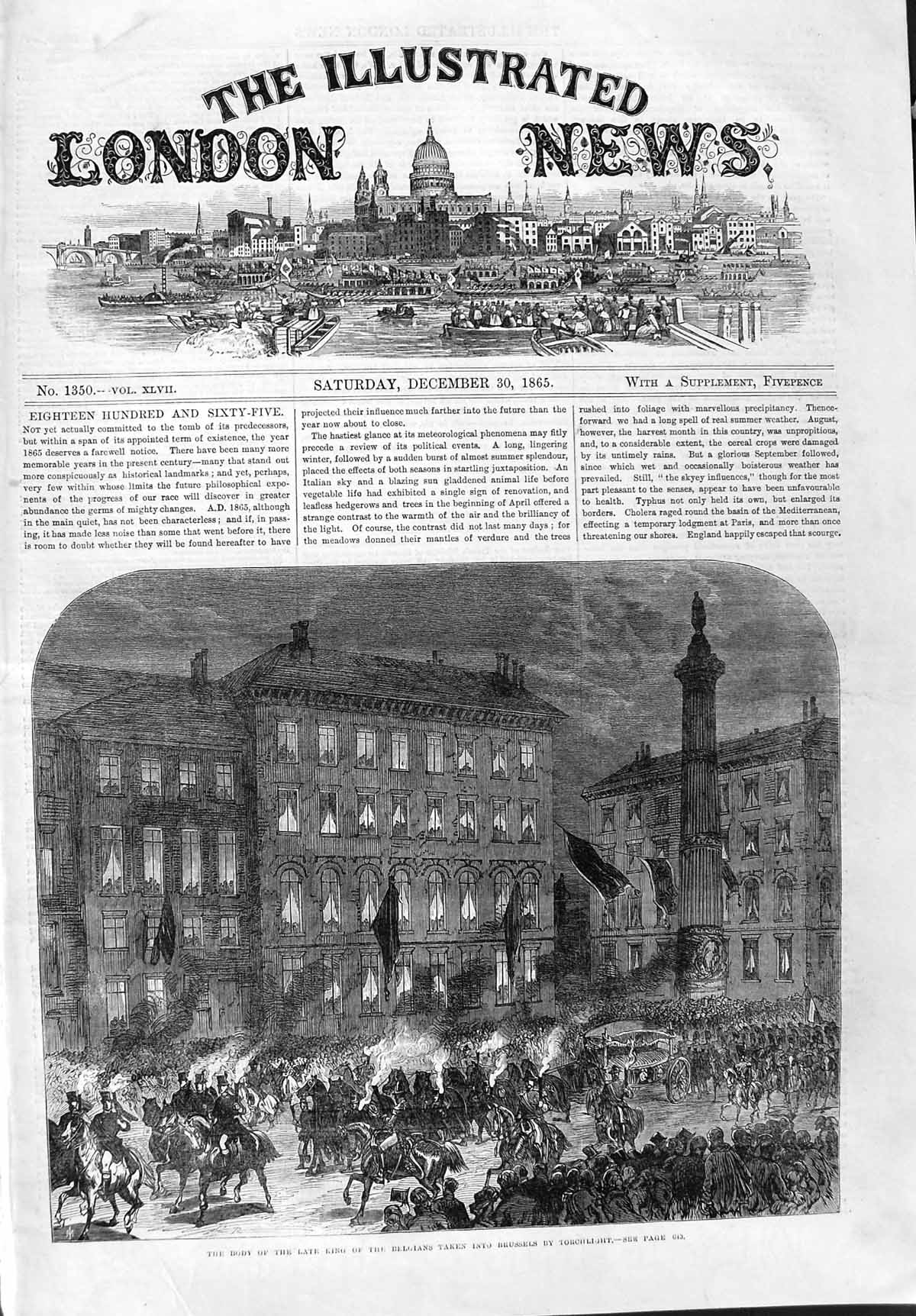 Old Antique Print 1865 Body King Belgians Brussels Torchlight Procession 19th