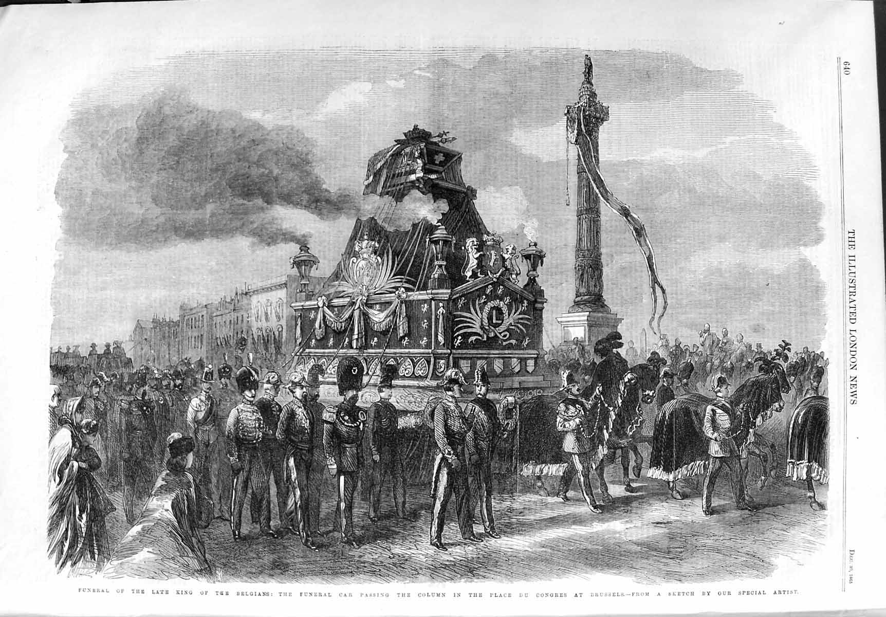 Old Antique Print 1865 Funeral King Belgians Funeral Car Congres Brussels 19th