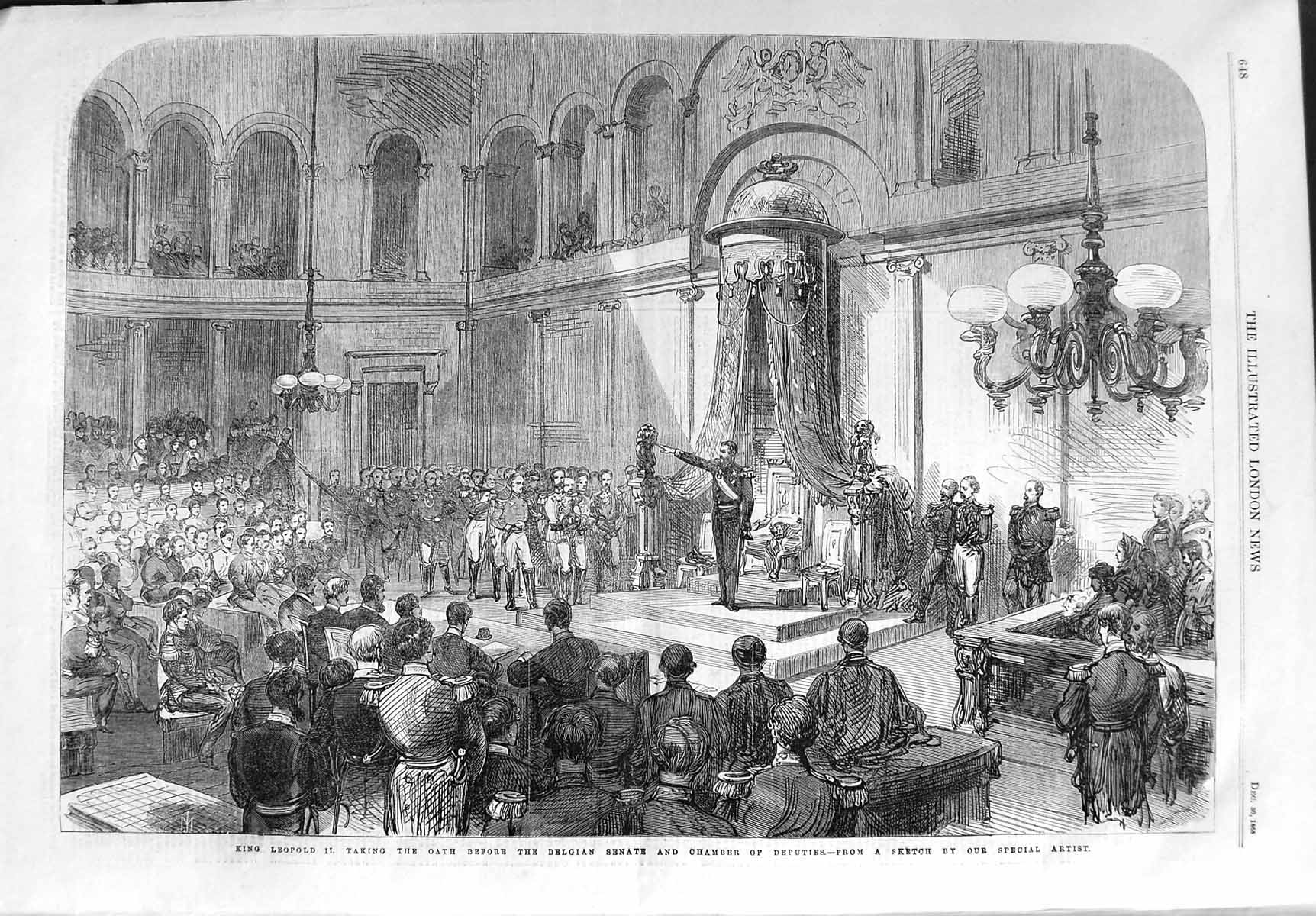 Original Old Antique Print 1865 King LeopOath Belgian Senate Chamber Deputies