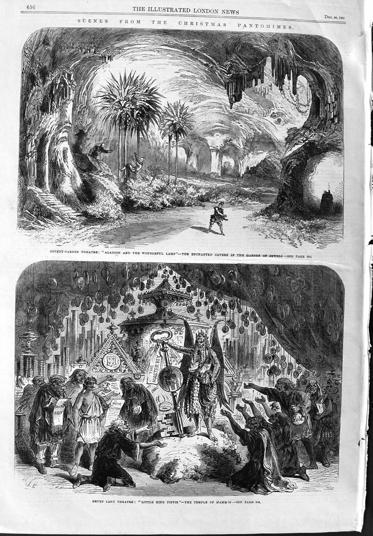 Old Antique Print 1865 Christmas Pantomimes Theatre Aladdin Covent Drury 19th