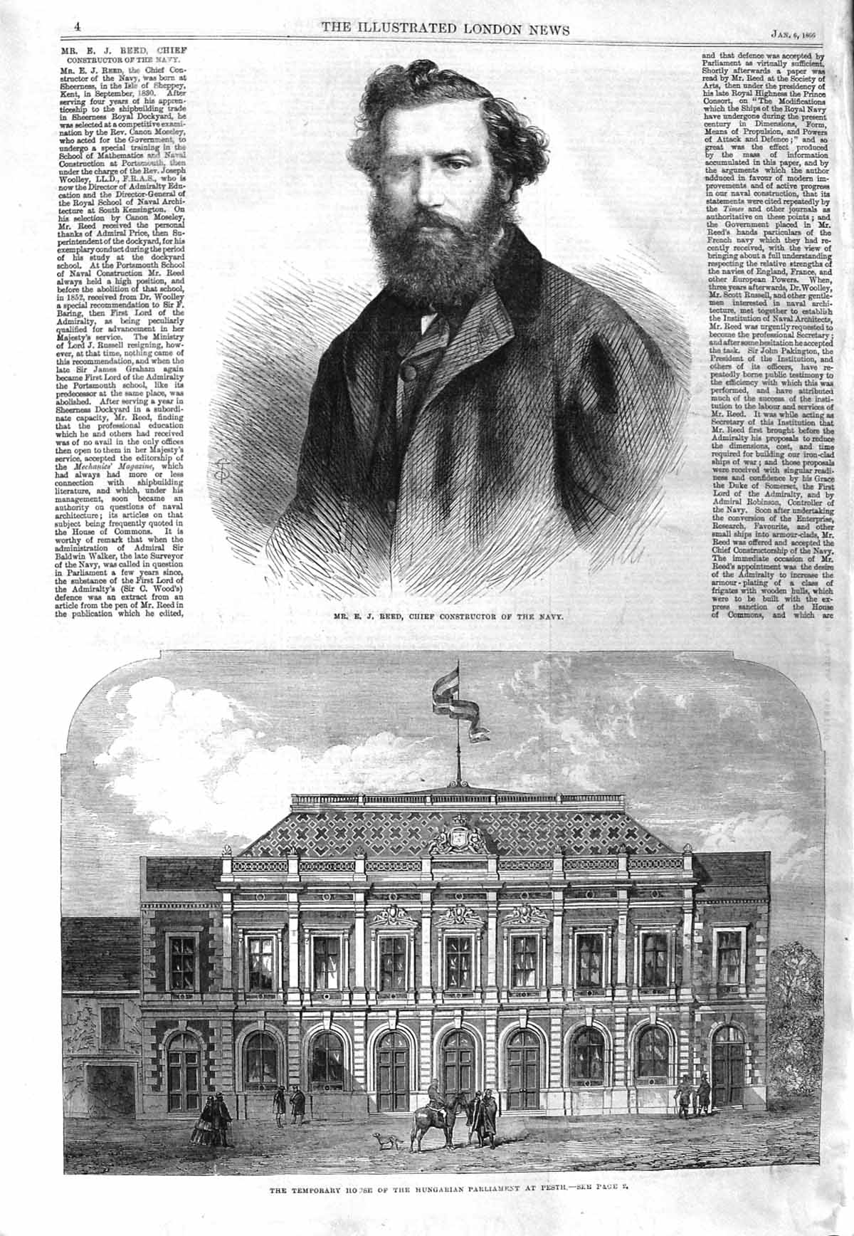 Old Antique Print 1866 Reed Chief Constructor Navy Hungarian Parliament 19th