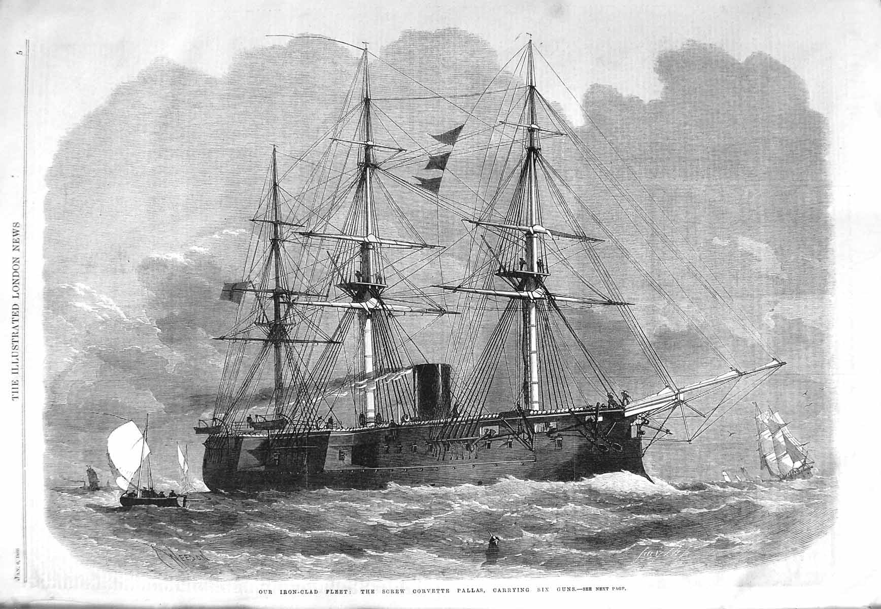 Original Old Antique Print 1866 Iron Clad Ship Screw Corvette Pallas Six Guns
